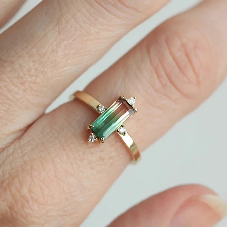 Gemnel Fashion 18k 0.1 Micron Gold Vermeil Tourmaline Unique Diamond baguette Engagement Ring