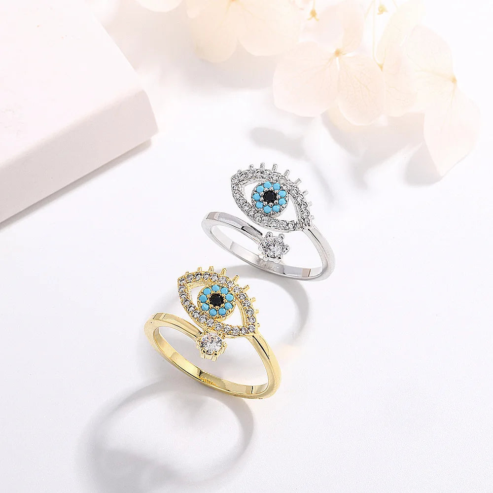 Hot Sale Nazar Evil Eye Ring Niche 18k Gold Plated Zircon Ring Personality Simple Adjustable Diamond Brass Ring for Women
