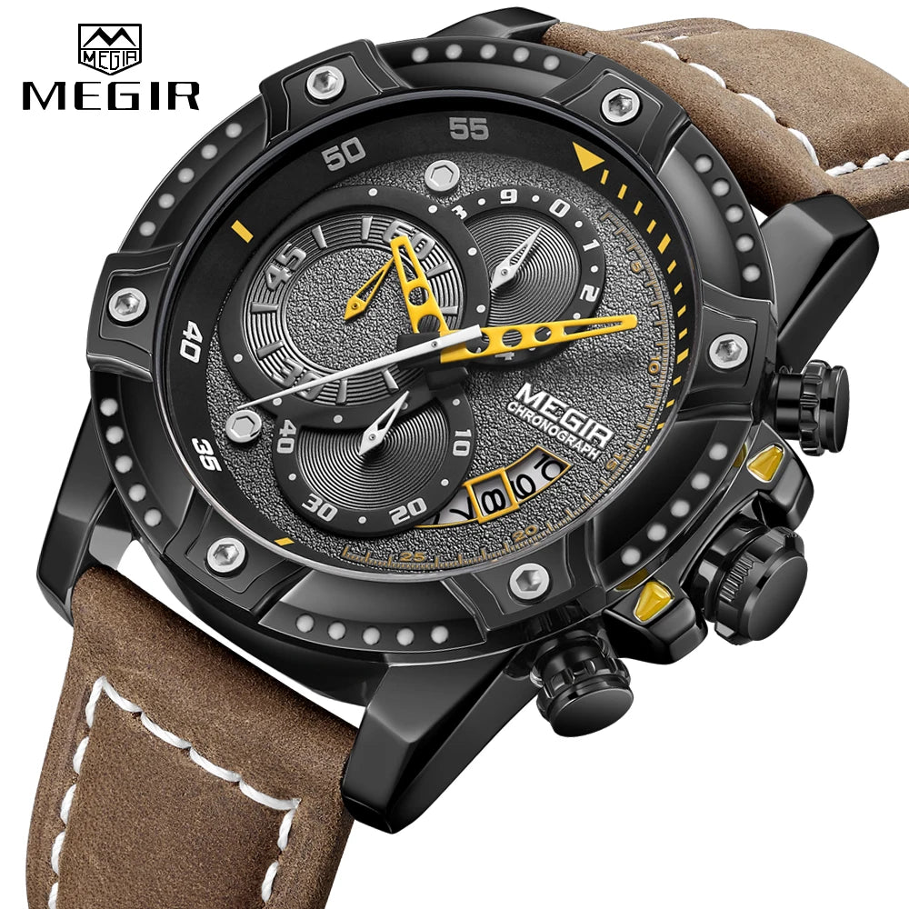 MEGIR 2130 Watch Men Creative Waterproof Leather Mens Watch Top New Luxury Chronograph Sport Watches Relogio Masculino