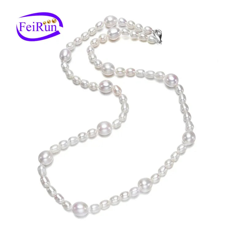 FEIRUN 5&9mm Rice AA Grade White Color 925 Sterling Silver Cultured Freshwater Pearl Necklace