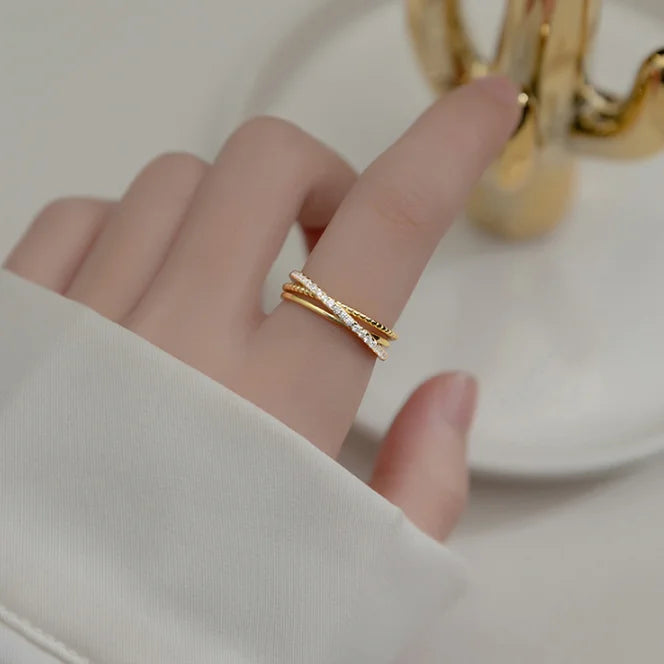 Daidan Silver Ring 925 Sterling Three Layer Adjustable Cross 18K Gold Plated Dainty Cz Zirconium Ring