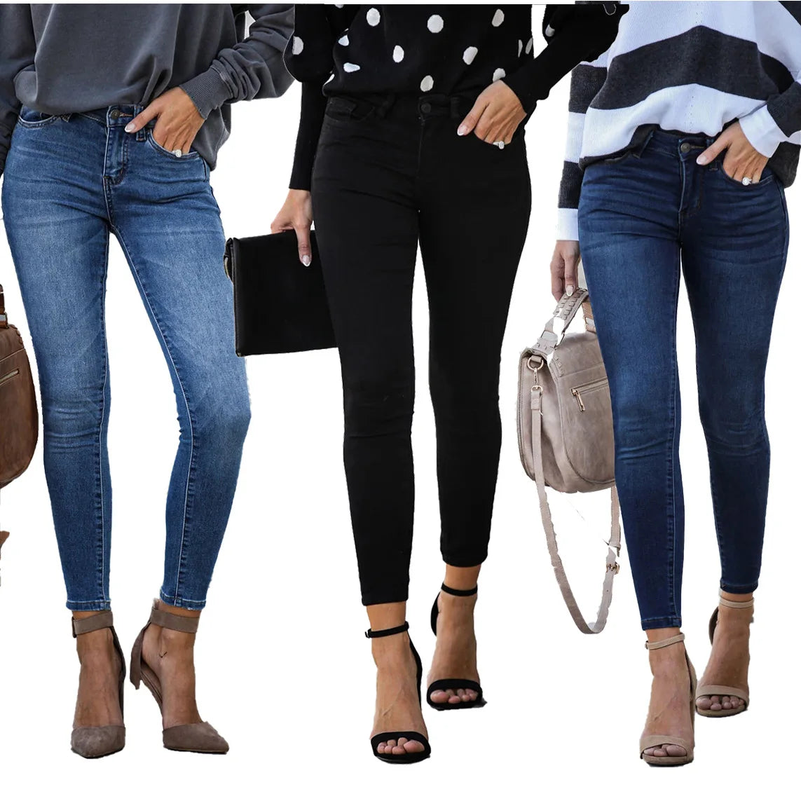 2025 Simple Mid-Rised Blue Black Jeans for Ladies Women Skinny Tight Denim Jeans