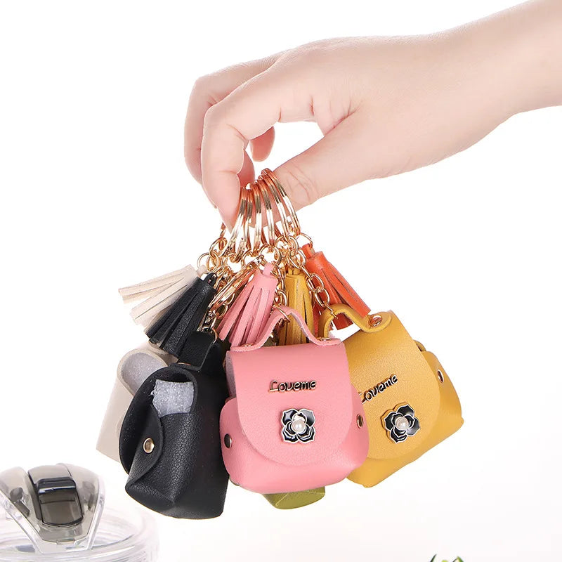 PU Leather Headset Backpack Bag Keychain Pink Orange Olive Storage Bag Promotional Gift Key Chain Earphone Keyring