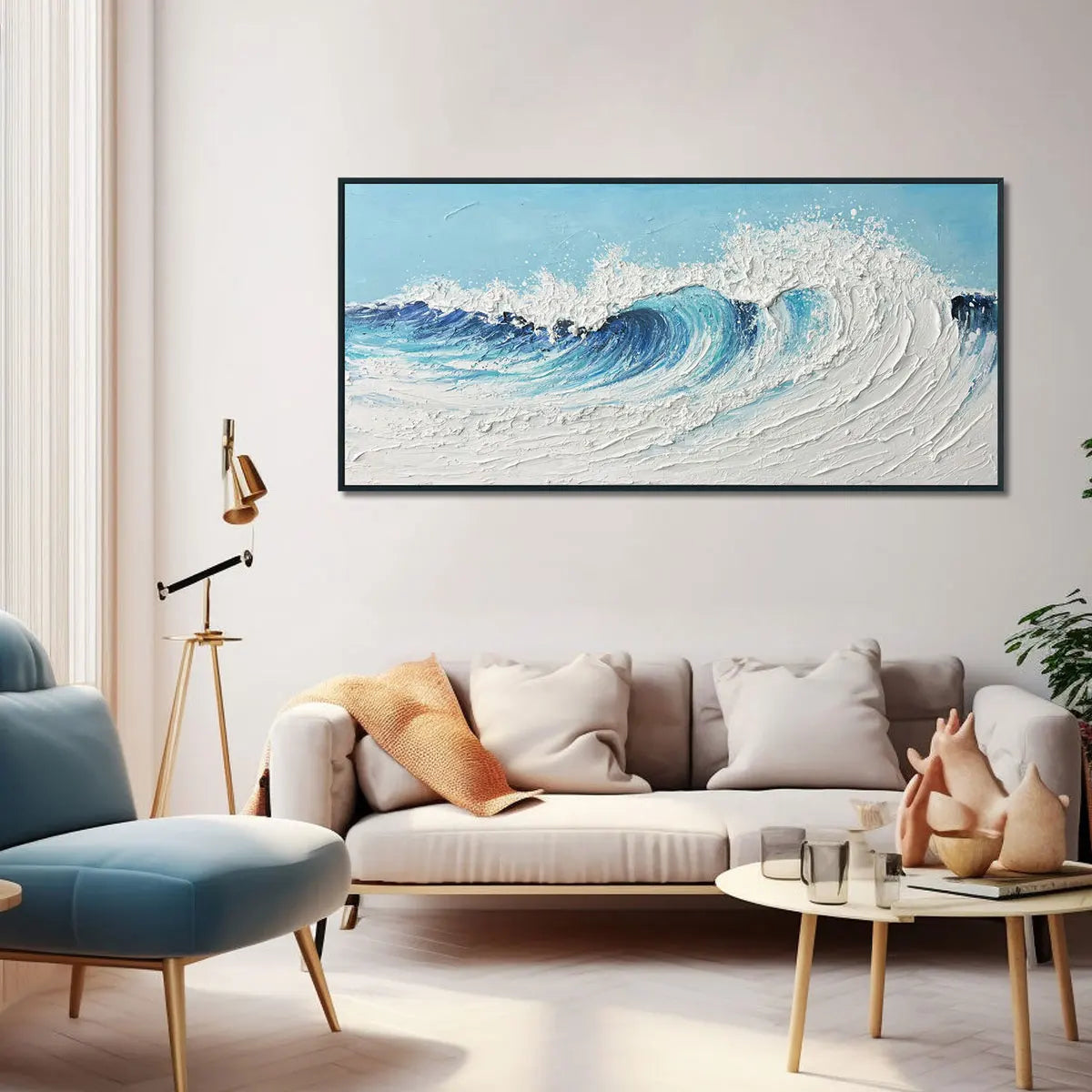 Handmade Modern Large Blue and White Ocean Sea Waves Canvas Abstract 3D Textured Seascape Oil Painting Wall Art