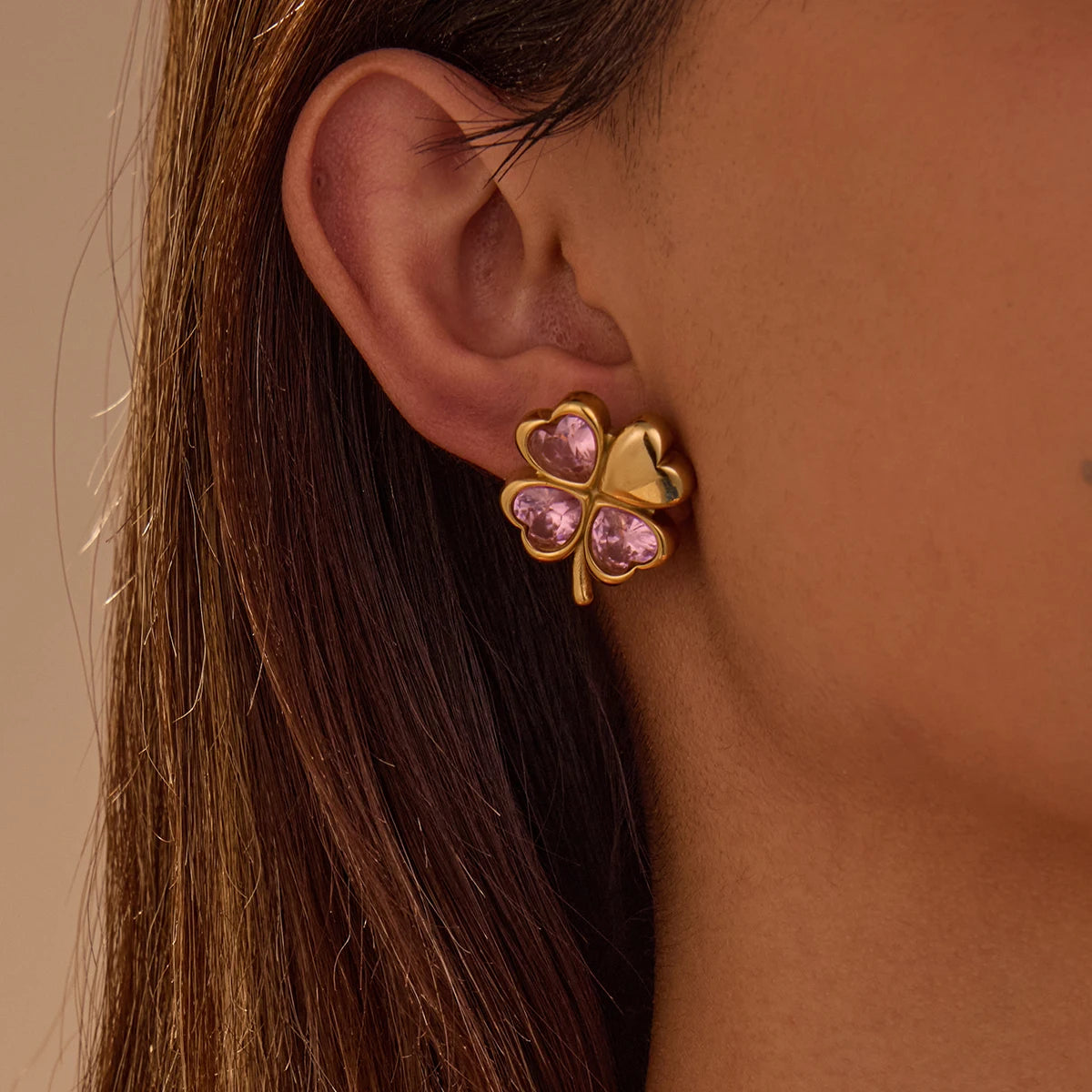 Cute Pink White Love Zircon Flower Stud Earrings Gold Plated Waterproof Stainless Steel  Fashion Jewelry