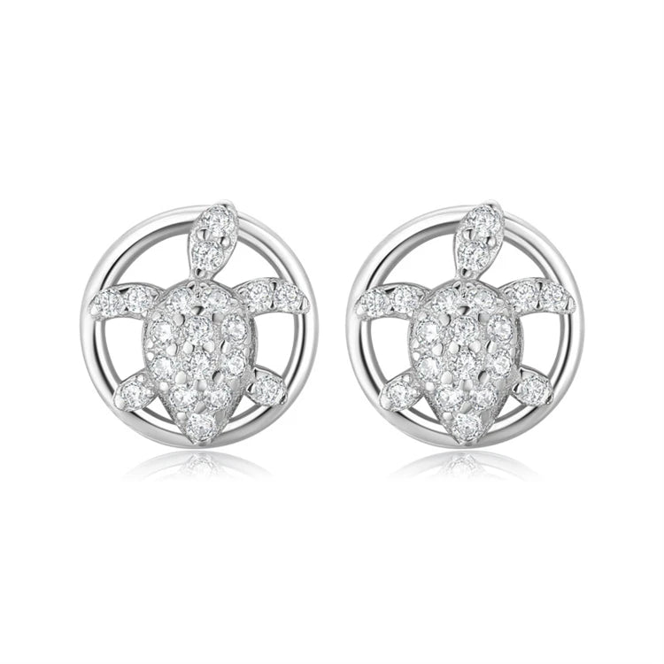 Simple Zircon Crystal Animal Jewelry 925 Sterling Silver Tortoise Ocean Earrings