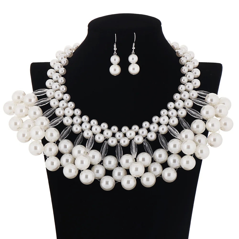 Women Wedding Dress Accessories Shawl Neck Jewelry Sets Multilayer Pearls Pendant Chains Necklace and Drop Earrings Set