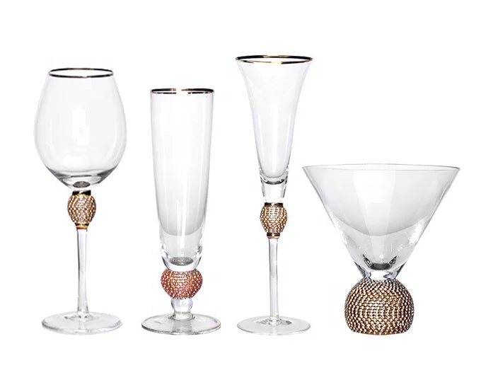 Lead Free Factory Wholesale Rhinestone"DIAMOND" Studded Toasting Glasses With Gold Rim Champagne Flutes for Wedding Gift
