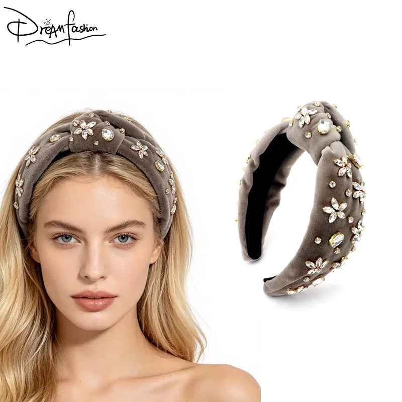 DREAM FASHION Velvet Rhinestone Crystal Bowknot Headband Flower Korean Sweet Good Quality Wholesale Women Hair Accessories