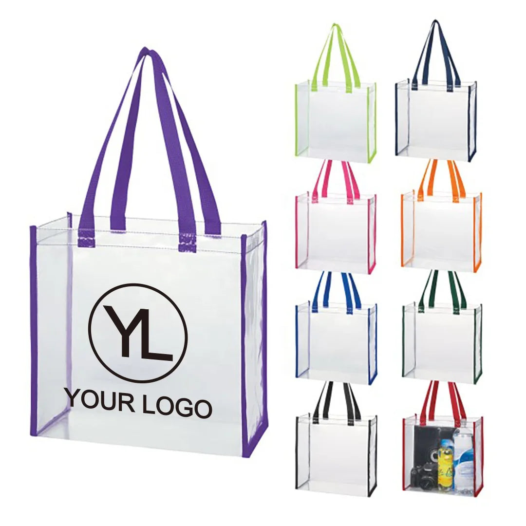Custom Logo Reusable Clear Stadium Tote Bag Transparent PVC Shopping Bags for Trade Show Giveaways