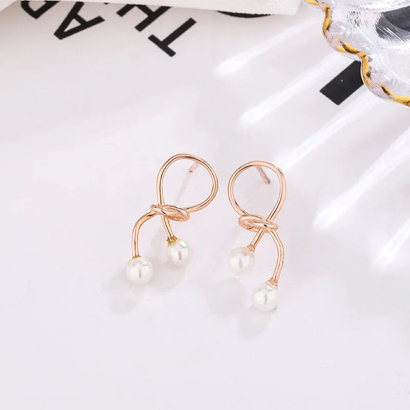 18k Gold Plated 925 Sterling Silver Drop Rope Knot Pearls Stud Earrings Geometric Statement Pearls Stud Earrings for Women