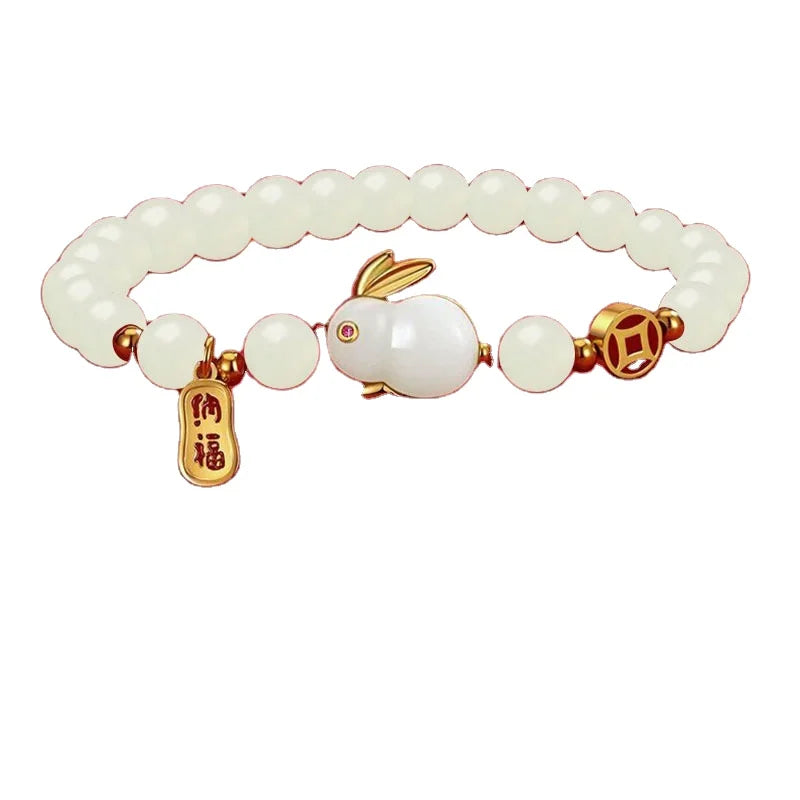 Wholesale Fashion Retro Jade Red Agate Crystal Bracelet Female Lucky Jade Beaded Bracelet Rabbit Pendant Jewelry