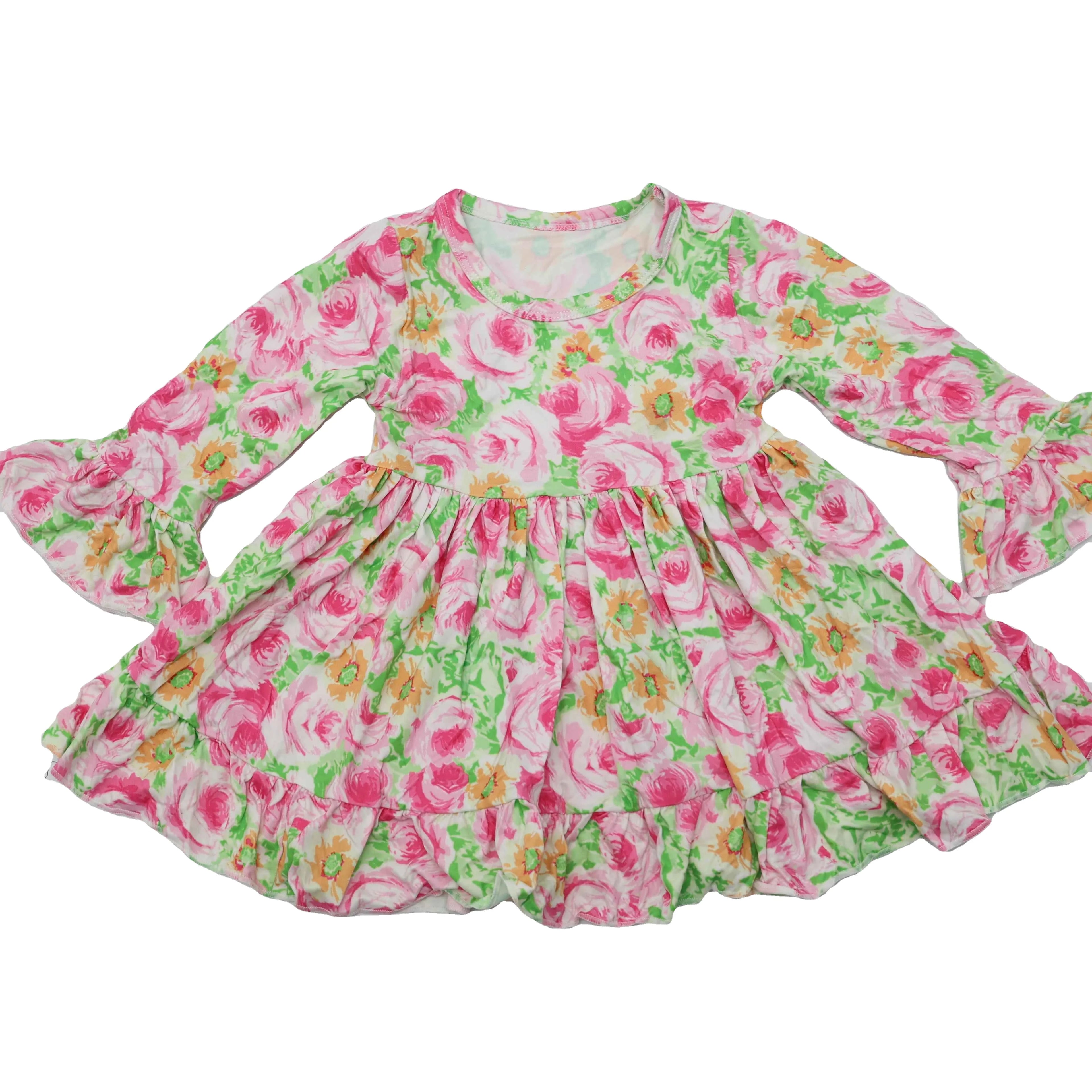 Qingli Custom OEM Flower Pattern Print A-Line Dress O-shaped Collar Long Sleeve Girls Spring Boutique Multi-Colour Party Dresses