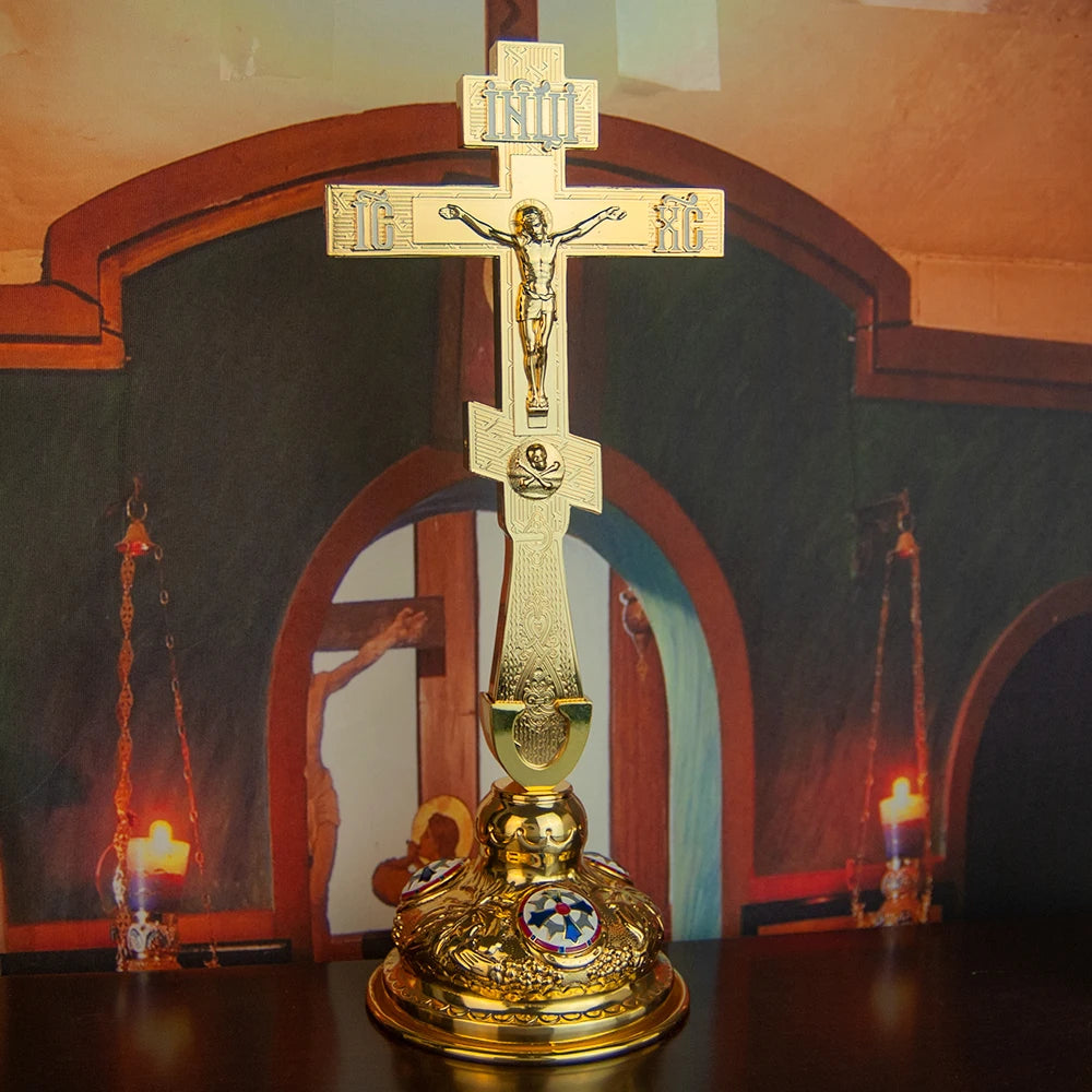 Orthodox Church Supplier Altar Jesus Cross with Base Gold Plated Colorful Enamel Decor Bishop Pastor Religion Gift MegaBDM