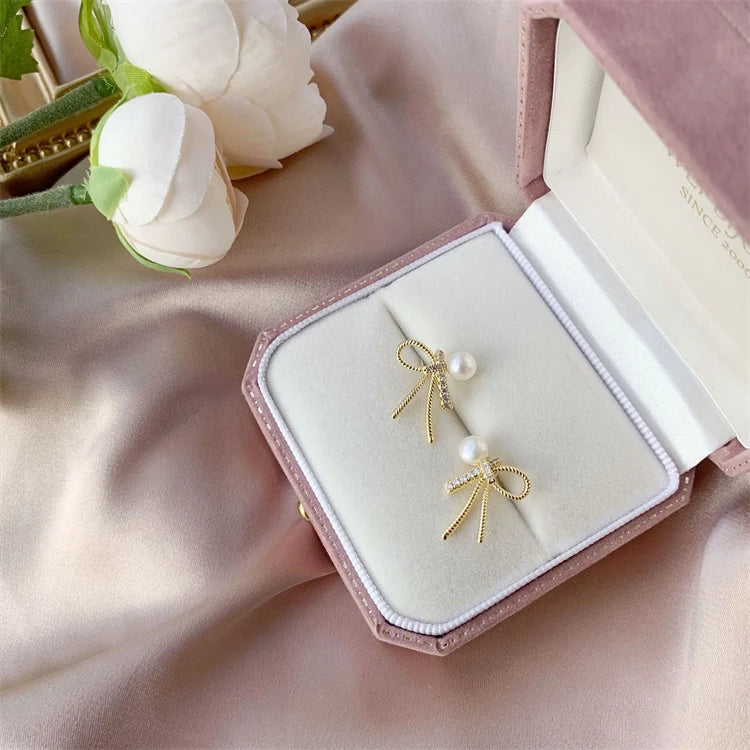 Ladies Jewelry Fashion S925 Women Bow Pearls Stud Earrings