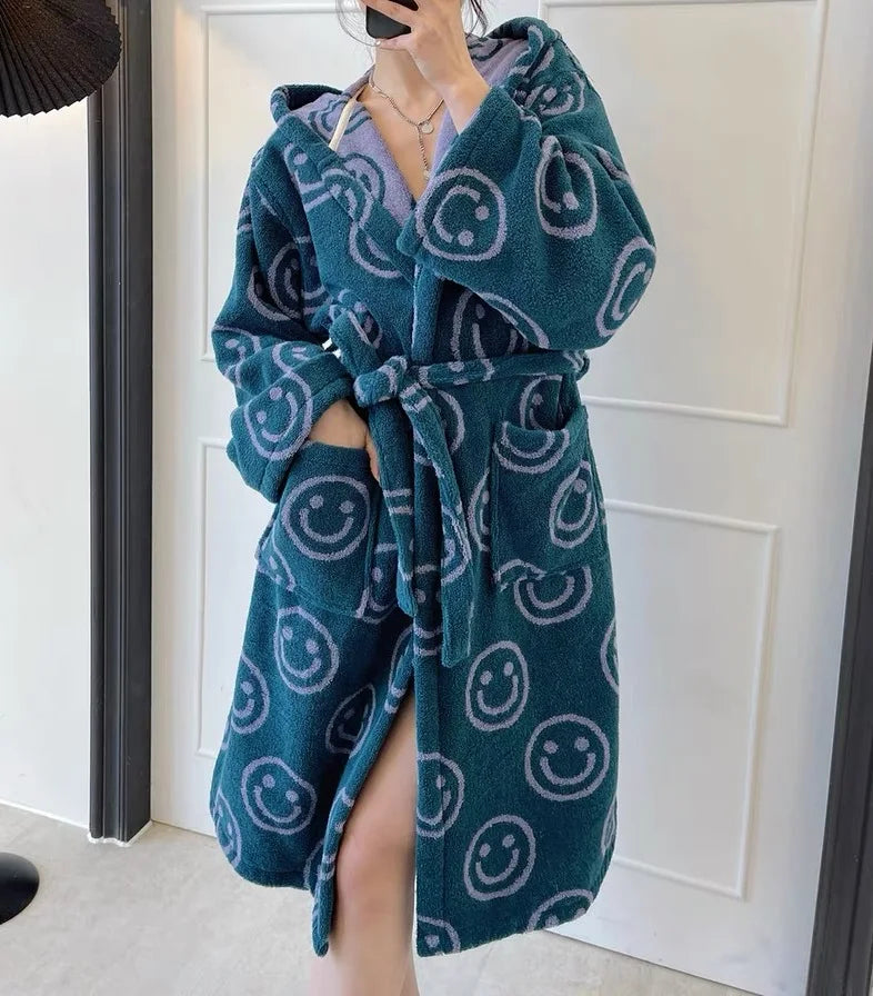 Oeko Tex 100 Long Mens Dressing Gown Luxury Bathrobe Soft Absorbent Stripe Cotton Terry Robe With Hood