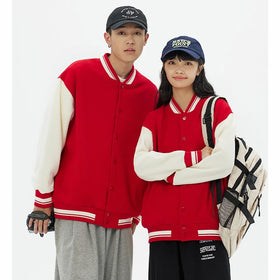 Color-blocked Winter Baseball Uniform Cardigan Sweatshirt Woolen Knitted Loose Coat Jacket Fleece Lining Sporty for Men Plus