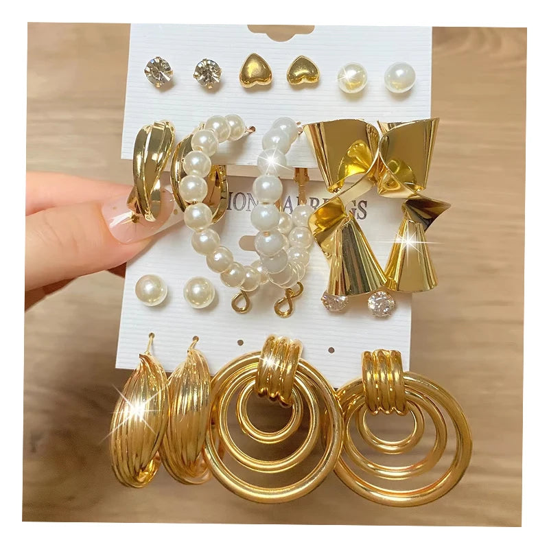 New Fashion Gold Plated Women Stud Earrings Set Pearl Jewelry for Women Daily Use Party Luxury Crustal Stone Earrings Set