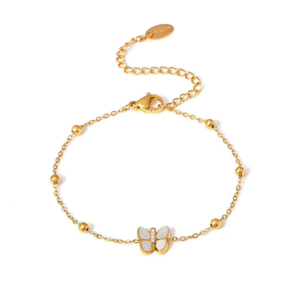 Fashion Stainless Steel 18k Gold Plated Natural Bulbus Fritillariae Round Bead Chain Butterfly Shaped Zircon Bracelet YF6002