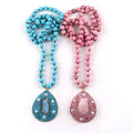 Fashion Women Bohemian Jewelry 8mm Blue and Pink Natural Stone Knotted Quartz Rough Pearl Drop Pendant Necklace