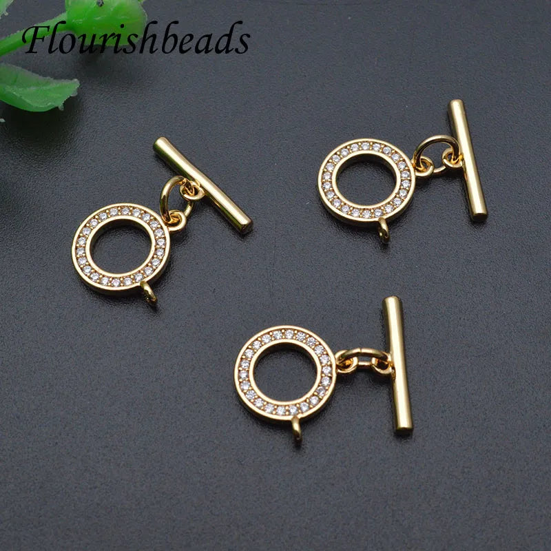 New Arrival Gold Plated CZ Paved Brass Round OT Toggle Connector Clasp for DIY Chain Necklace Making Accessory