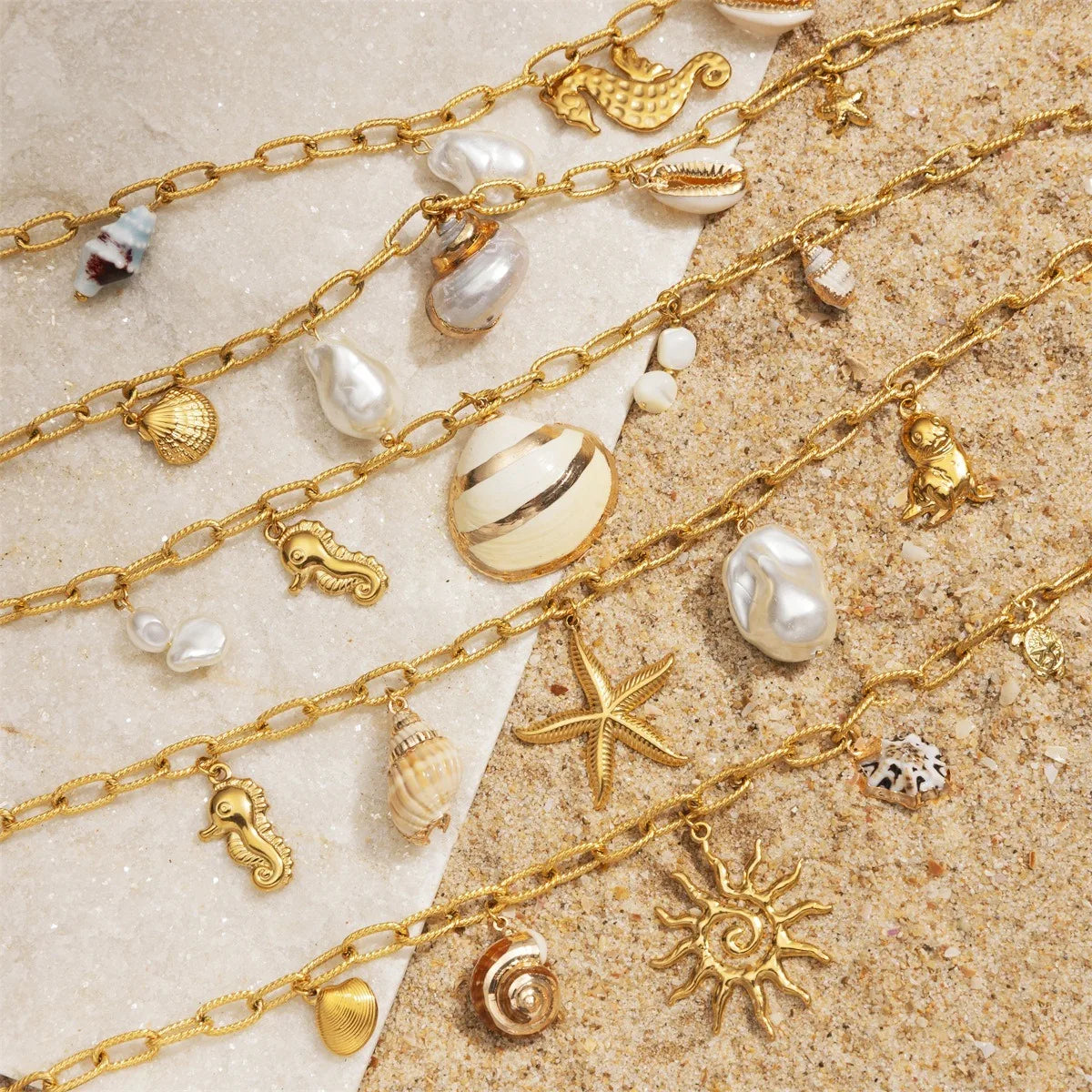 Trendy Geometric Design Stainless Steel Titanium Steel Necklace Ocean Shell Pendant Waterproof Pearl Charm Classic Gold Plated