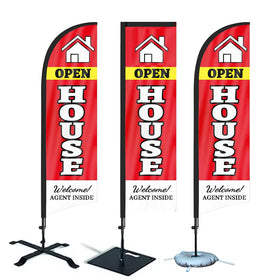 Factory Price Customized 100% Polyester Double-sided Printing and Base Flagpole Kit Swooper Open House Feather Flag