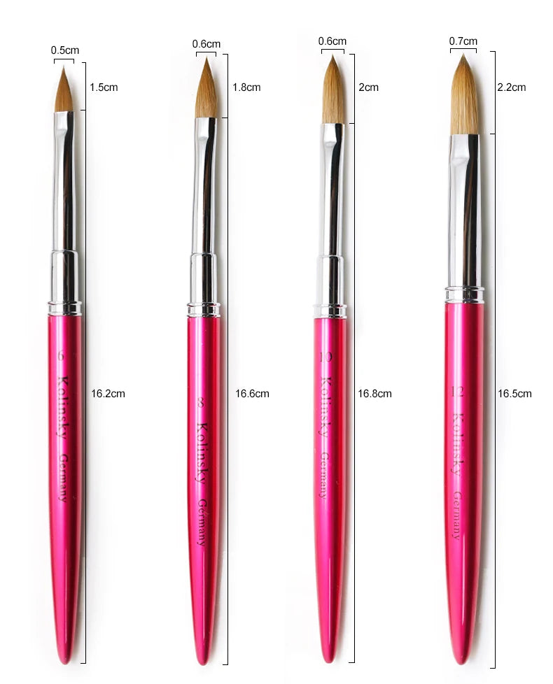 Hot Pink Metal Handle Crimped 100% Kolinsky Acrylic Nail Brush Quality Soft Sable Hair Nail Drawing Brush for Manicure Powder