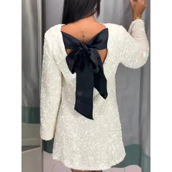 Female Elegant Holiday Evening Party Looks Women Long Sleeve Bowknot Chic Short Dresses Fashion Shining Sequin Mini Dress