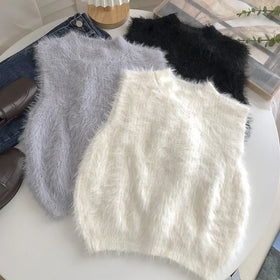 RNSHANGER Women Faux Mink Sweater Vest Solid Spring Sleeveless Tank Tops O-neck Autumn Jumpers Women Elegant Tank Tops