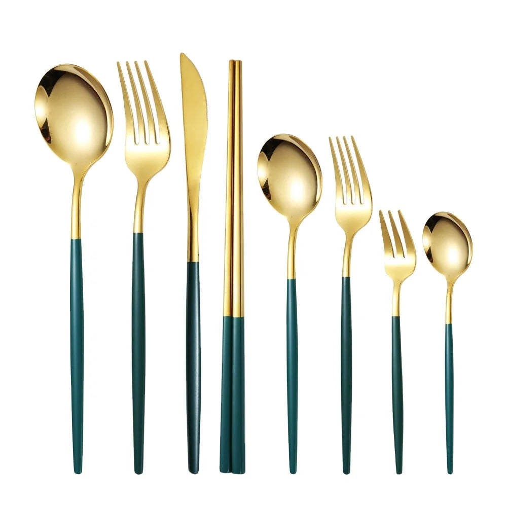 Retro Luxury Design Bronze Stainless Steel Fork Spoon Chopsticks Gold Western Steak Knife Fork European American Tableware