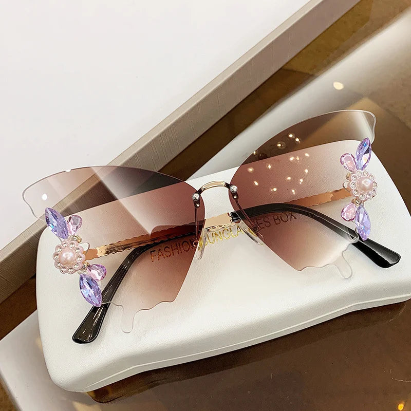 Custom Logo  Luxury Rhinestone Shiny Party Sun Glasses Rimless  Cat Eye Butterfly Crystal Sunglasses Women