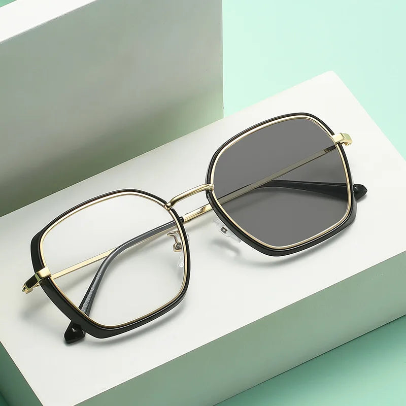 Fashion Metal Retro Anti Blue Light Glasses Polygonal Flat Glasses Light Sensitive Color Changing Glasses