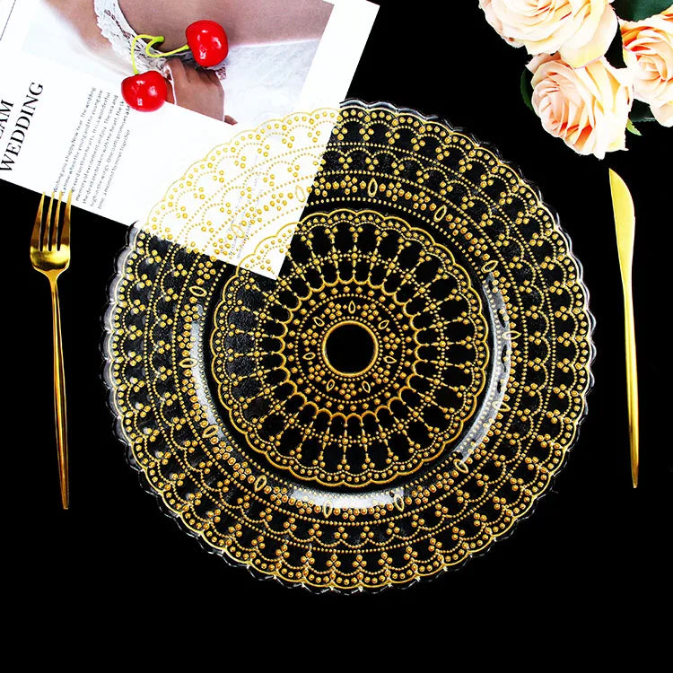 Elegant Wedding Gold Glass Charger Plates with Gold Rim 13 Inch Round Under Plates Dinner Plates for Event Party Catering