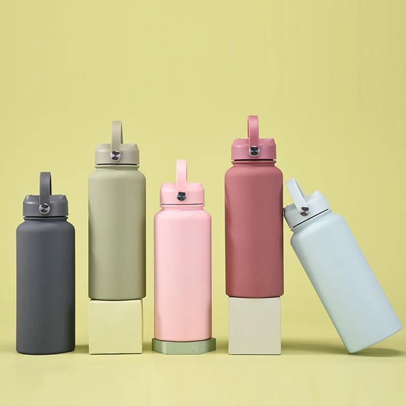 Portable 1000ml Double Wall Stainless Steel Vacuum Flask Insulated Sports Bottle with Matte Rubber Powder Coating for Camping