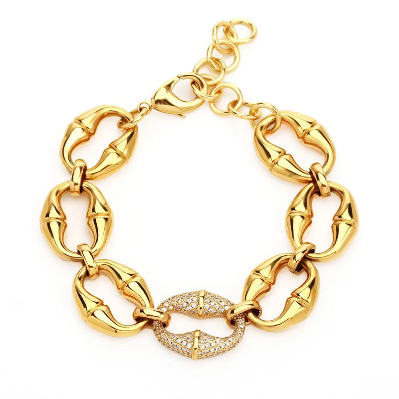 Punk Bamboo Texture Link Chain Bracelets Fashion Statement Cubic Zirconia Gold Plated Brass Pulseras for Women Jewelry