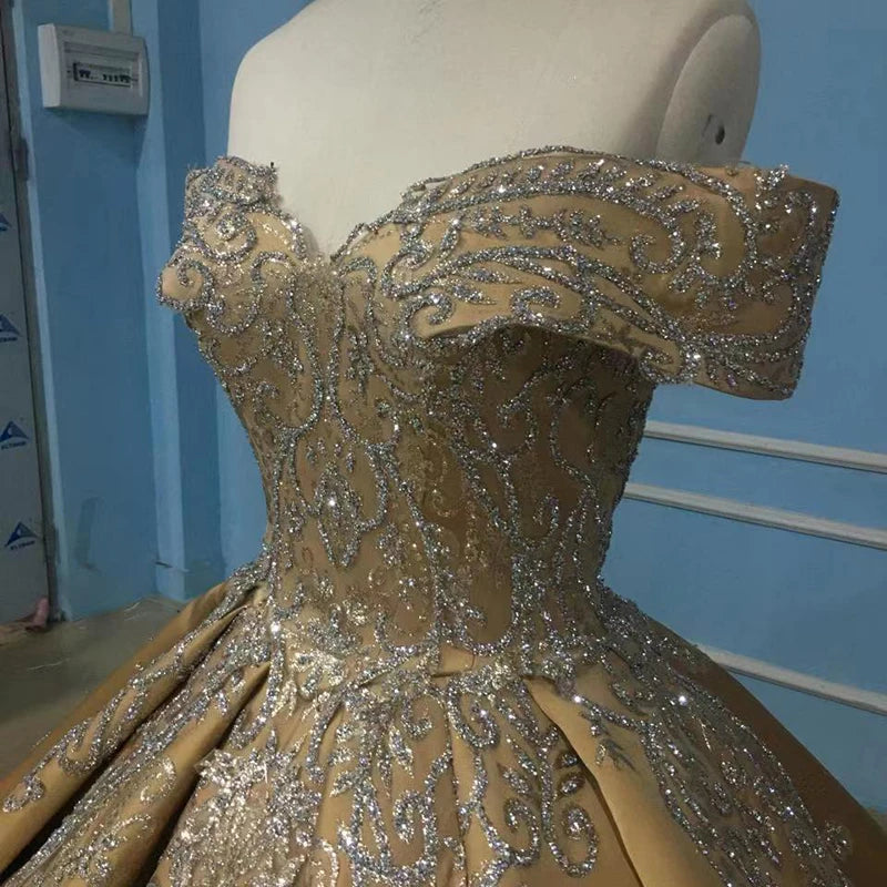 Gold Luxury Sequins Off Shoulder Formal Evening Dresses From Dubai Jancember 9791-1