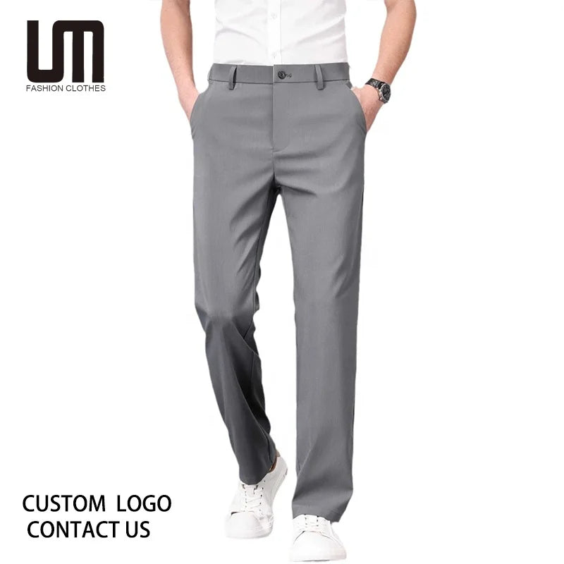 Custom logo Summer Collection Men's Fashionable Thin Ice Silk Slim Straight Pants Lightweight Business/Casual Formal Mid Waist
