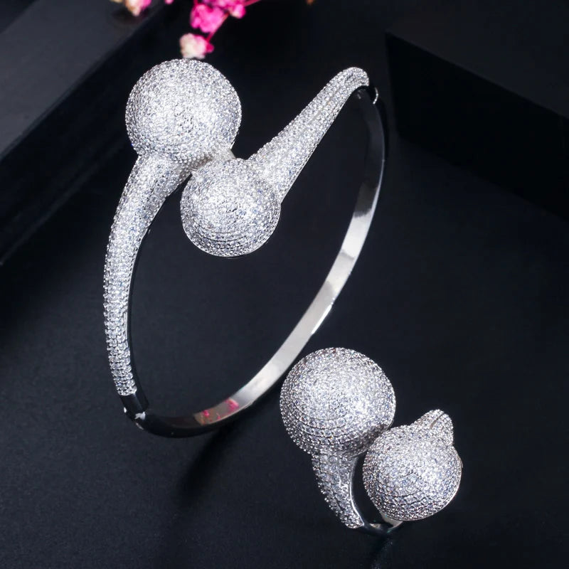 African Style Micro Paved Cubic Zircon Open Size Bangle and Ring Jewelry Set for Women Wedding Party Dress Accessories