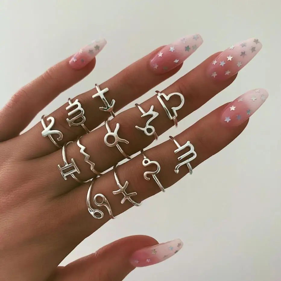 Simple Silver Color 12 Zodiac Signs Rings Set for Fashion Jewelry for Women Girl