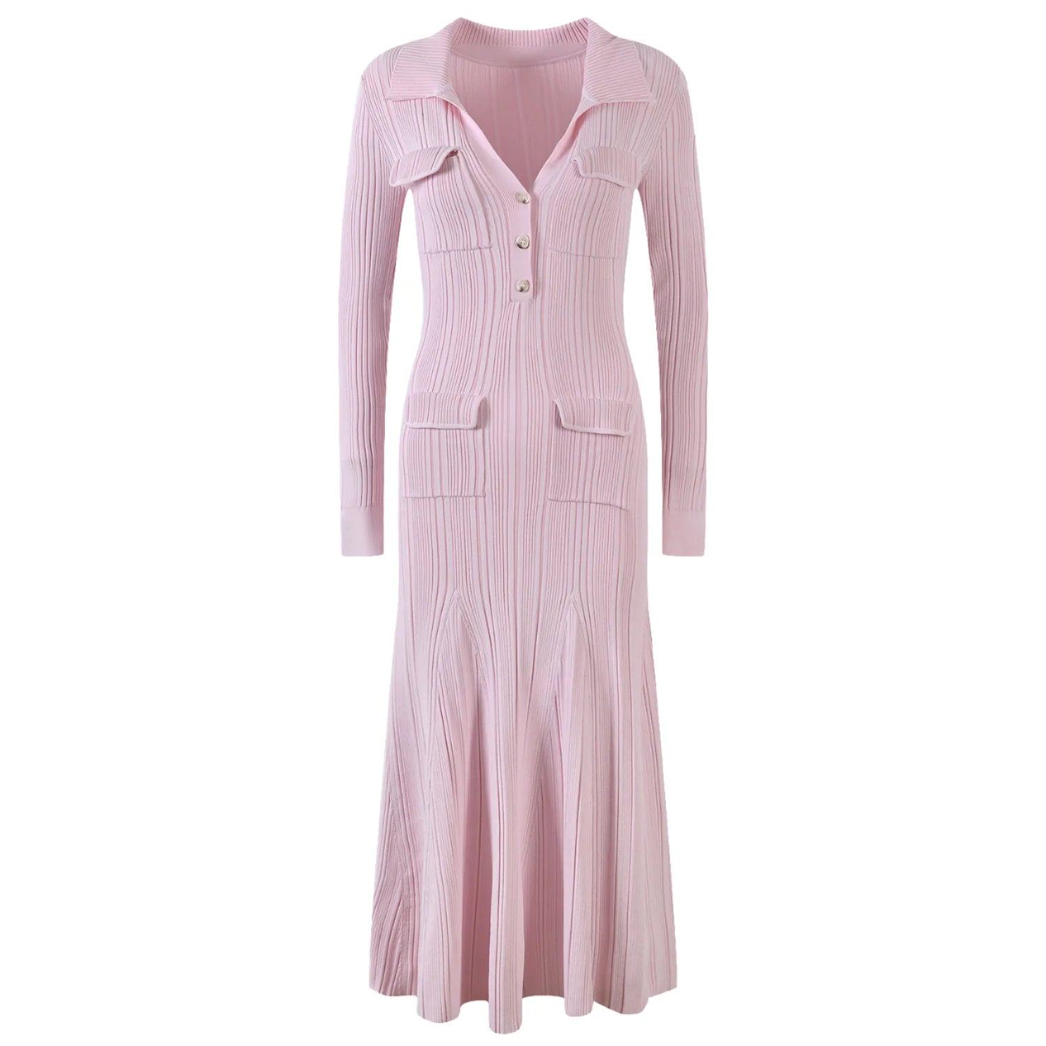 Vintage French Style Lady Sweet Pink Deep-V Turn-down Collar Long Sleeve Women Slim Fitted Maxi Mermaid Dress
