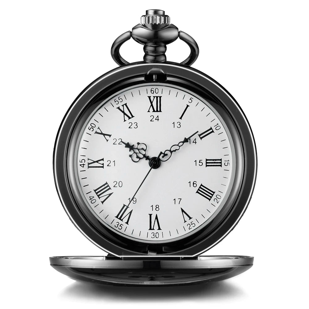 Smooth Custom Gift Table Set Piece Roman Numerals True Shell Surface Black Laser Carved Quartz Pocket Watch for Men