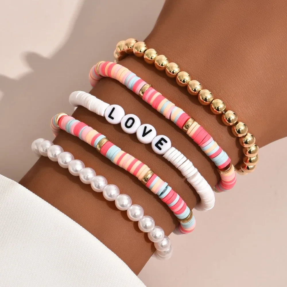 Bohemian Design Personalized Handmade DIY Polymer Clay Letter Name Words Bead Bracelet Sets for Women