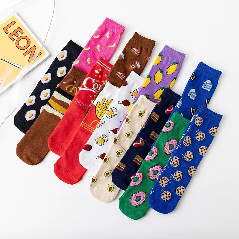 Women's Medium Tube Socks Creative Personalized Fruit Burger Design Straight Plate Logo Sweet Colorful Cozy Crew Stockings
