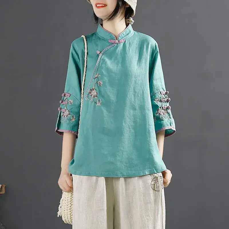 M-4XL Chinoiserie Retro Cotton Linen Shirt Stand Collar Button Top Diagonal Embroidered Tea Dress