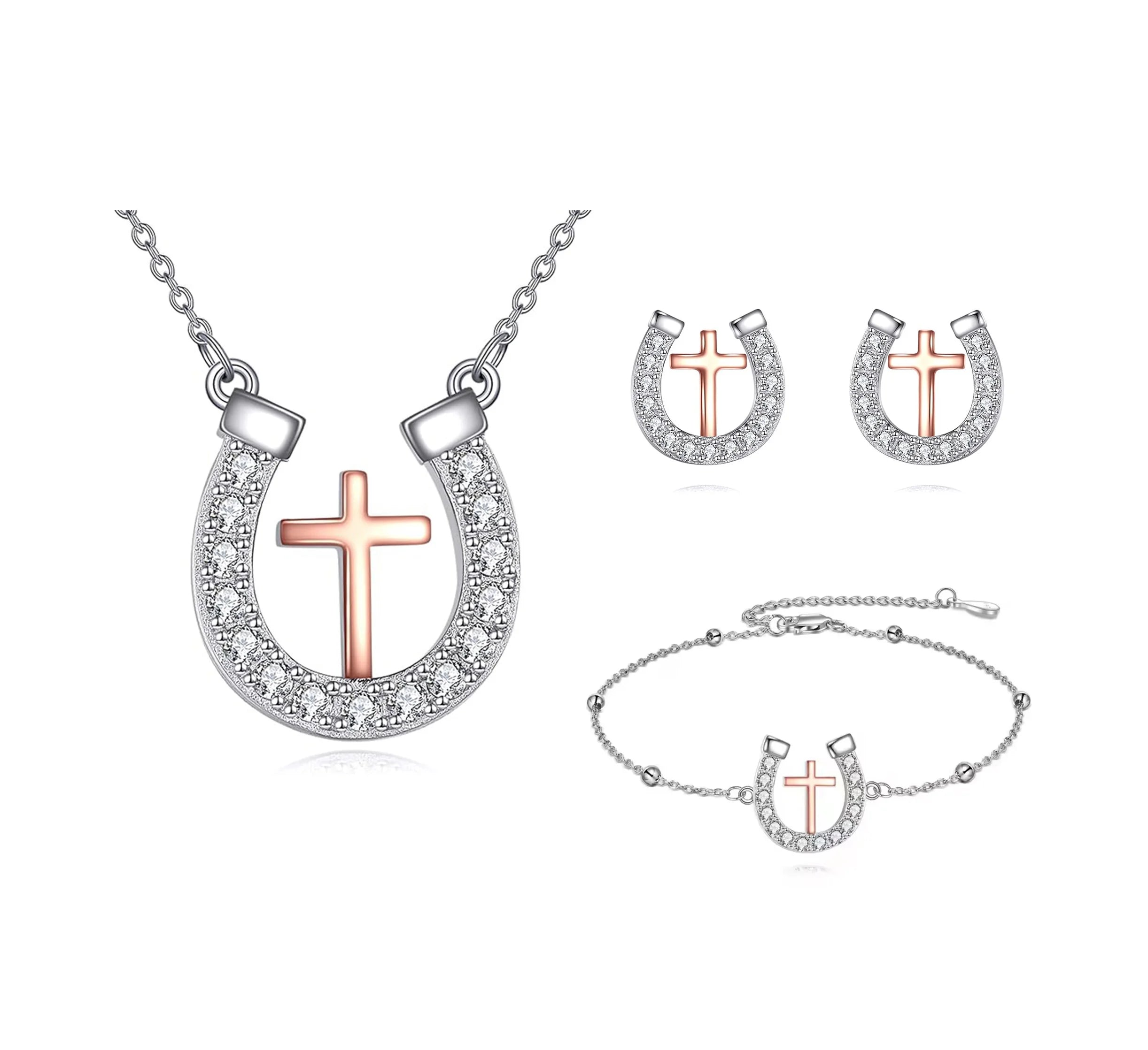 Hot Sale 925 Sterling Silver Plated Cross Horseshoe Necklace Bracelet Earrings Fine Jewelry Set