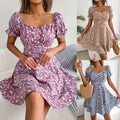 2024 Summer Dress for Adults Ladies Elegant Floral U Collar with Lace-up Slit Puff Sleeve Casual Floral Dress Digital Printing