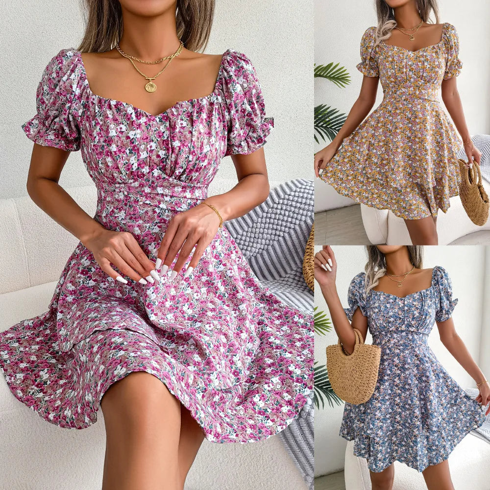 2024 Summer Dress for Adults Ladies Elegant Floral U Collar with Lace-up Slit Puff Sleeve Casual Floral Dress Digital Printing