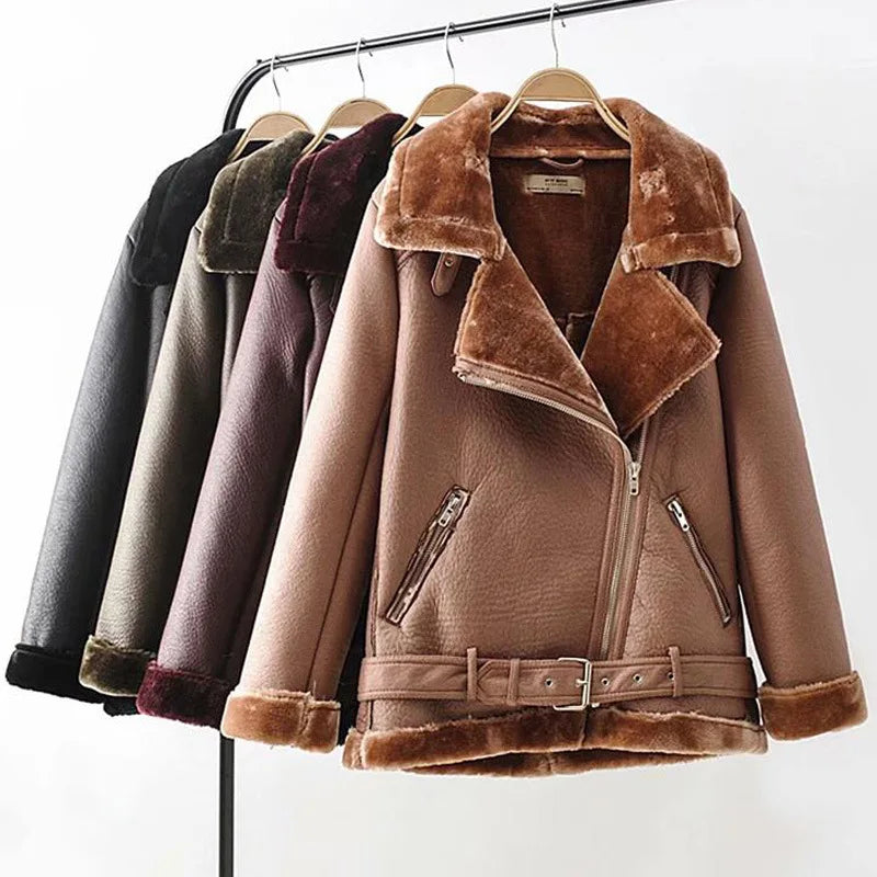 Fur Long Sleeved Loose Belt Warm Women's Jackets Lamb Wool Winter Thickened Locomotive Lapel Female Coat Beige Black Pu Coat