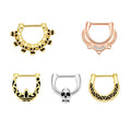 Indian Style Sexy Solid Stainless Steel Gold Plated Nose Ring Crown Rhinestone Hanging Black Chains Double Ring Case Straight